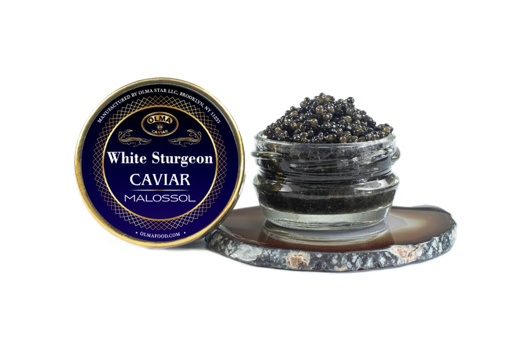 OVERNIGHT SHIPPING - OLMA White Sturgeon Black Caviar from Italy - Glossy Golden Pearls, Superior Grade - 1 oz / 28 g