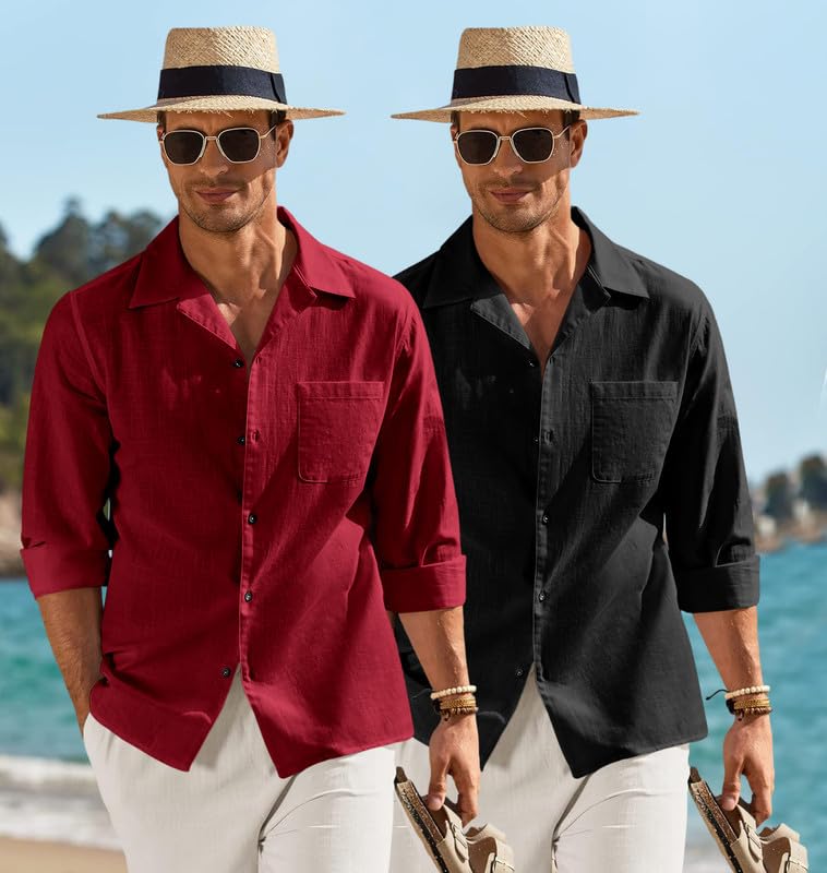 Image of Combo of Men's Casual Cotton Blend Shirt || Long Sleeve Button Down with Spread Collar | Lightweight Breathable Fabric | Stylish Solid Shirt for Beach, Office & Everyday Wear Pack of 2