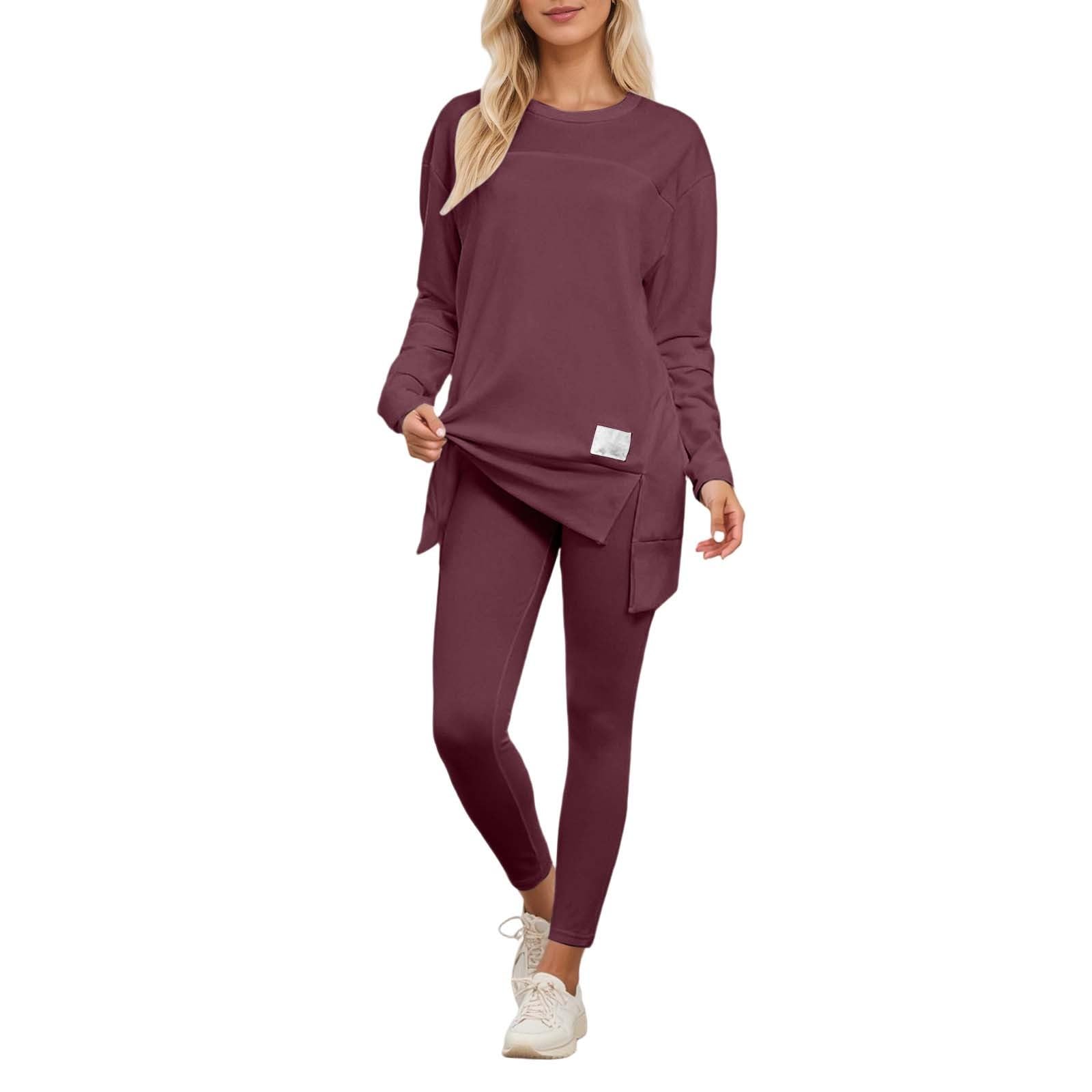 Top casual da donna con scollo rotondo e spacco, manica lunga, pantaloni lunghi, comodo due pezzi