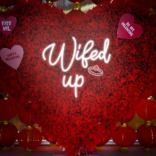 Image of Wifed Up Neon Sign, Funny Romantic LED Light with Engraving Ring for Valentine's Day, Wedding Decor Sign, Bedroom, Party Decor, Couple Space 11.8″ x 10.6″