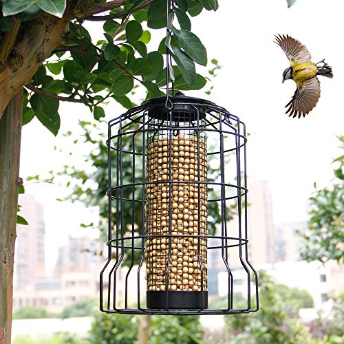 SAND MINE Wild Bird Feeder, Caged Tube Feeder, Squirrel Proof Outdoor Birdfeeder with Large Mesh Metal Seed Guard Deterrent for Large Birds, Black