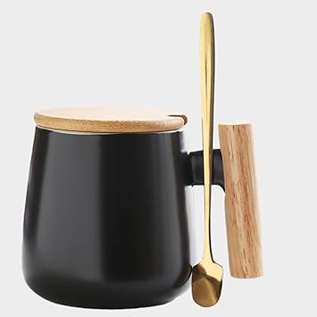 BlissHomes Ceramic Elegant Look Black Coffee Mug with Wood Lid Steel Spoon 385 ml