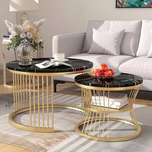 Image of MELVON Lightweight Nesting Coffee Table Set of 2, Golden Frame with Black Marble Look Engineered Wood Top, Round Center & Side Tables for Living Room