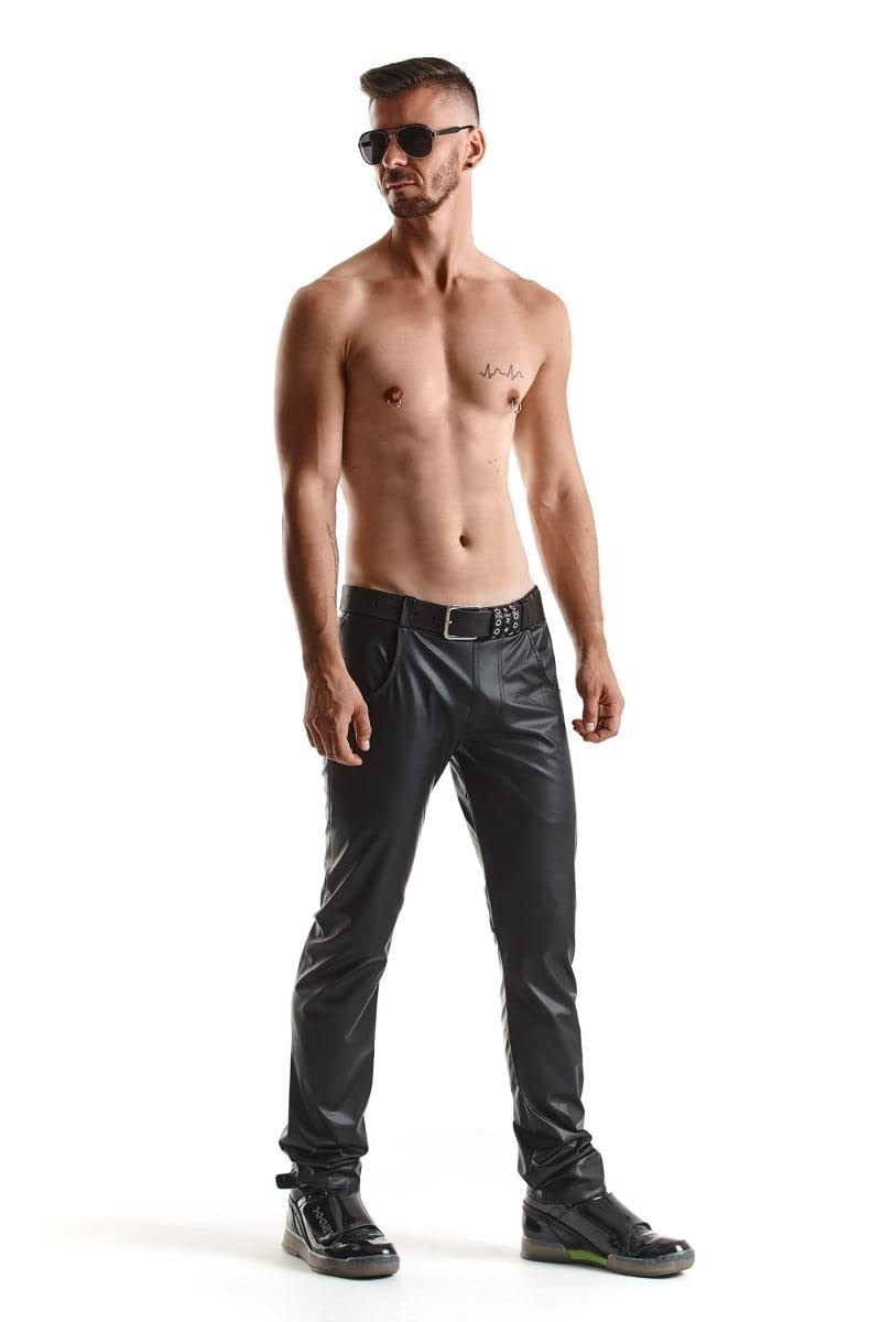 Regnes Fetish Planet Lange Herren Hose schwarz aus elastischem Wetlook-Material matt und tief Geschnittener Taille