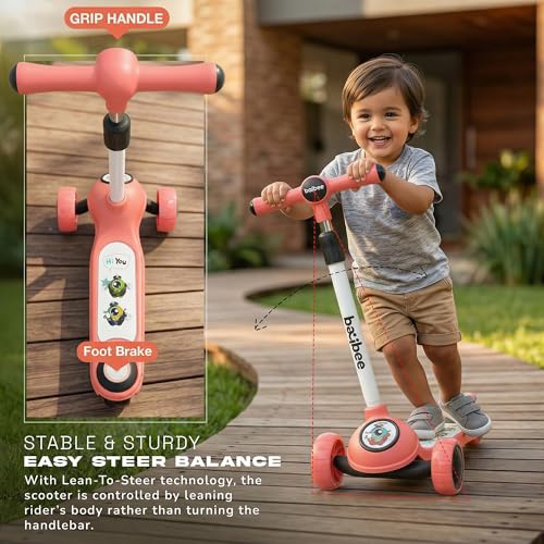 Image of Baybee Rolo Kick Scooter for Kids, 3 Wheel Kids Scooter with 3 Height Adjustable Handle, Music & Rear Brake, Skate Scooters with PU LED Wheels | Runner Scooters for Kid 3+ Years Boys Girls (Pink)