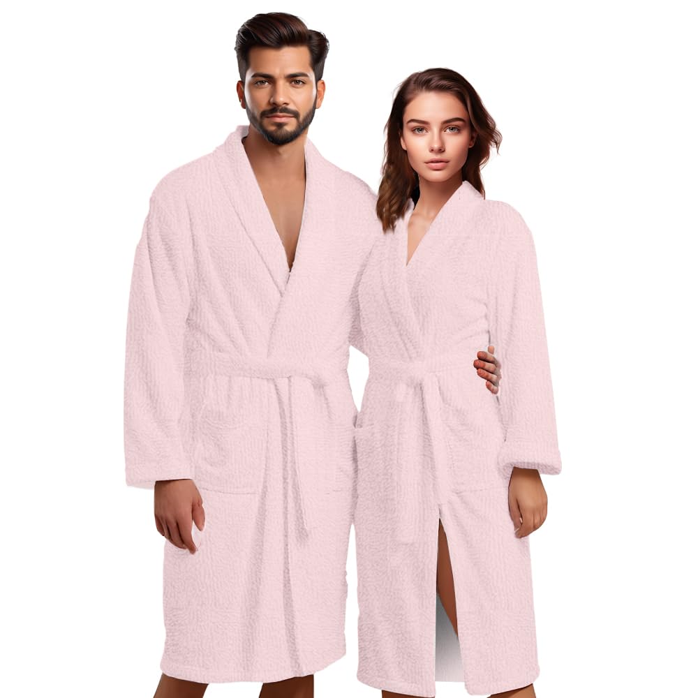 Dreamfox Unisex Pink Towel Robe Women Terry Towelling Bathrobe No Hooded Plus Size Bathrobes 100% Cotton Dressing Gown Men Towelling