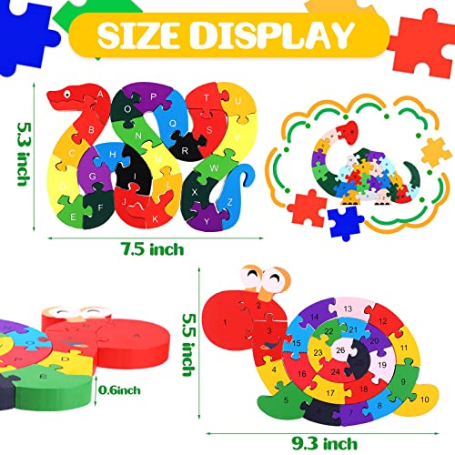 Image of Yunsailing 4 Pcs Wooden Animal Puzzles for Kids, Double Sided Snake Jigsaw with Alphabet & Numbers for Preschool Toddler Learning Educational Activities(Snake, Dinosaur, Elephant, Snail)
