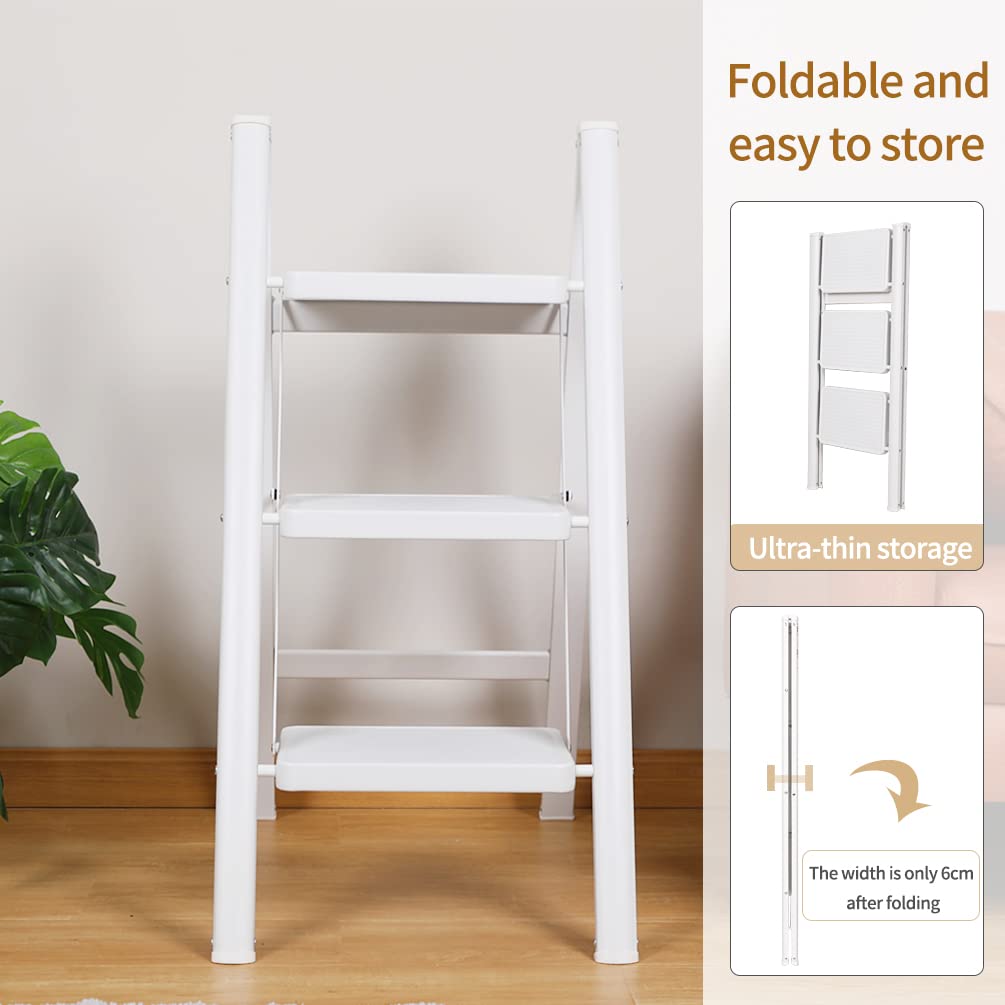 BAOYOUNI Scaletta Pieghevole Leggera e Portatile Scala Domestica 20 cm Pedale Largo Sgabello Antiscivolo Multiuso per Casa Cucina Ufficio Esterno, Portata massima 150 kg (3 Gradini, Bianco)