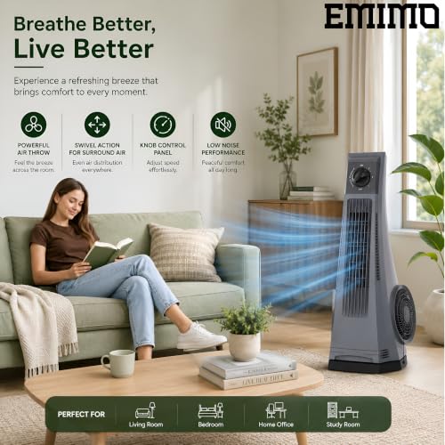 Image of EMIMO Tower Fan for Home & Office | Bladeless Oscillating Tower Fan | 180 Air Circulation with 3-Speed Knob Control | ABS Plastic Cooling Fan for Bedroom, Living Room & Workspace | Grey | 1 Unit