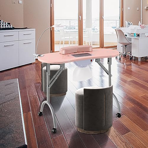 FANTASK klappbare Nageltisch, Maniküretisch mit elektrischem Staubsammler, LED-Lampe, Handgelenkauflage, Tragetasche & Rollen, Maniküre-Nageltisch Marmor Optik (Rosa)