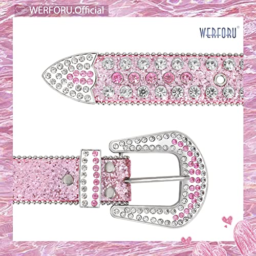 Werforu Women Western Rhinestone Studded Leather Belt Cowgirl Bling Waist Belt For Jeans Dress, Pink,Fit Waist Size 27-31 Inches #TOP2
