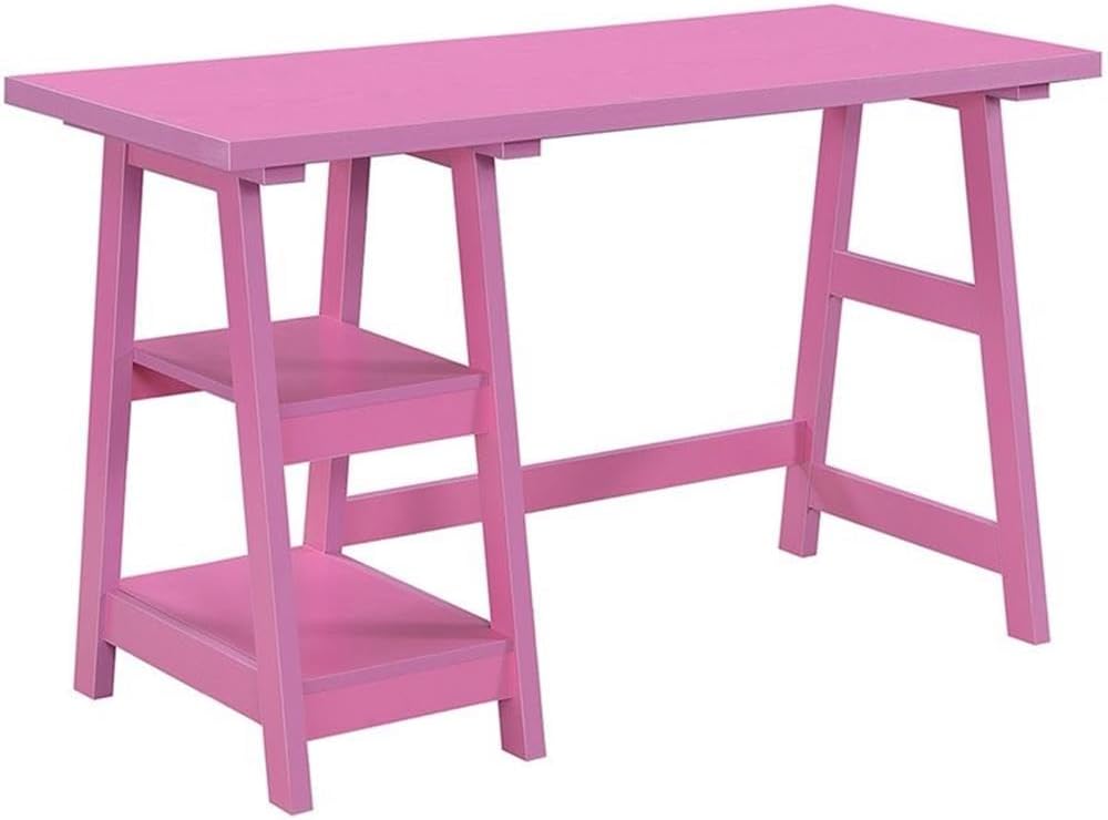 Pemberly Row Modern Trestle Writing Desk, 47" W x 20.25" D x 29.25" H, MDF and Particle Board, Vibrant Pink Wood Finish, Fixed Shelves, Contemporary Office Desk for Computer and Supplies Storage