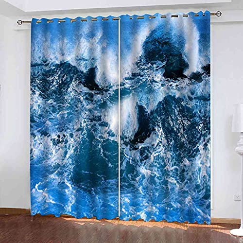Rideau thermique isolant phonique oeillets vagues ocean bleu pour salon