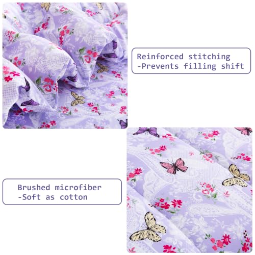 Image of lasoftan Floral Queen Comforter Set with Sheets, 7 piece Luxury Vintage Bedding, Soft Microfiber Bed in a Bag, Cozy Lightweight Bed Set, Lavender Butterfly