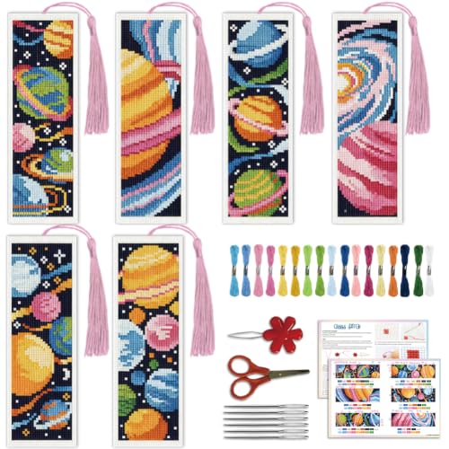Image of ACRNIGHEET 6PCS Cross Stitch Bookmark Kit for Beginner Stamped Cross Stitch Kits for Adults Planet DIY Tassel Embroidery Bookmark Kits Needlepoint Kit with Instructions Craft Gift 8.5''x3'' 11CT