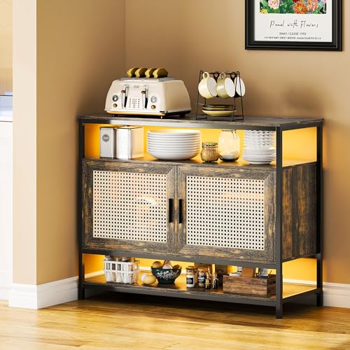 Lvifur 40.5" Display Cabinet - with 3 LED Light, Sideboard Buffet with Human Body Sensor & 3 Drawer& Glass Shelves for Toys, Books, Collectibles, Bookcase for Living Room, Kitchen, Study, Bl