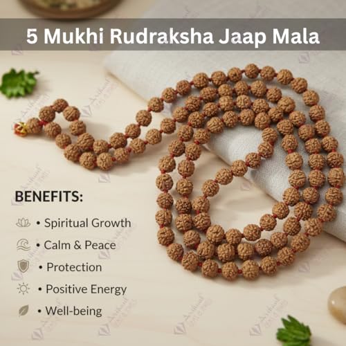 Image of Arihant Gems & Jewels 5 Mukhi Rudraksha Mala 108+1 Beads | Original Certified Panchmukhi Rudraksha Jap for Meditation, Pooja & Spiritual Practice | Unisex Mala for Men & Women.
