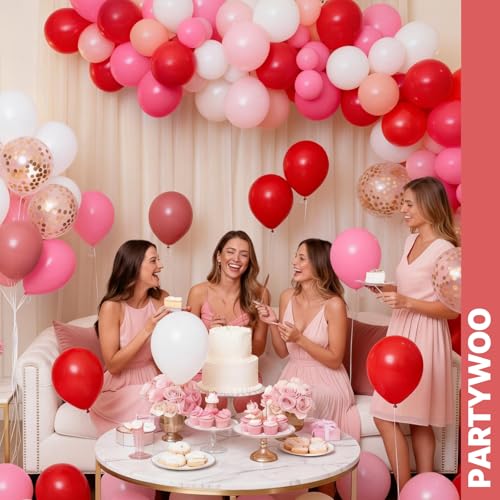 Image of PartyWoo Pink and Red Balloons 66pcs 12 Inch Hot Baby Pink Matte Red White Gold Confetti Balloons for Valentine's Day Engagement Wedding Bachelorette Girl Princess Birthday Party Decorations