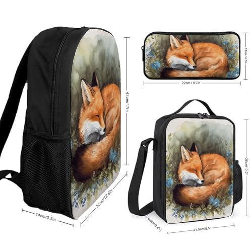 A Sleeping Fox Backpack Set Lightweight Bag Lunch Box Pencil Bags for Women Men Bookbags 3 in 12