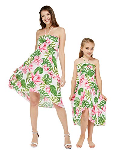 Matching Hawaiian Luau Mother Daughter Halter Dress in Wispy Cereus Black