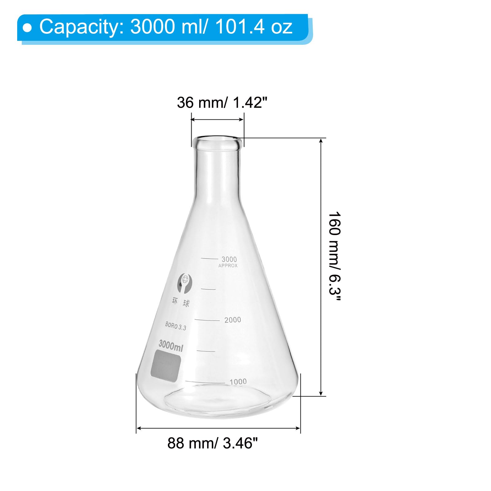 PATIKIL Erlenmeyerkolben 3000ml 101.4oz Schmalhals Messkolben Borosilikatglas Mit Aufgedruckter Skala Für Labor Experimente Chemie Wissenschaft Studium