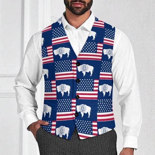 Flag of Usa And Wyoming Suit Vest for Men Waistcoat Dressy V Neck Button Down Sleeveless Business Jacket Coat4