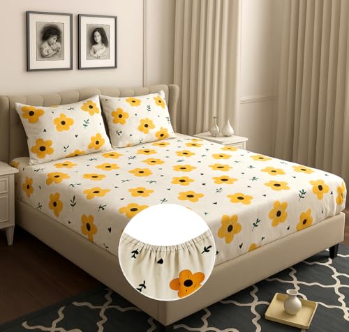 Image of HOMEKART 120 TC Cotton Rich Elastic Corner Fitted Bedsheet with 2 Pillow Covers | Double Bed 72x68+6 Inches | Wrinkle-Free, Super Soft & Breathable Floral Design | Yellow & White