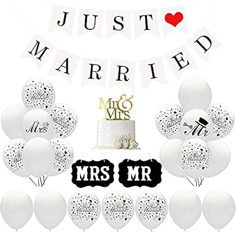 Just Married Wedding Decoration Set, 30 White Balloons, 10 Just Married Balloons, 2 Signs Mr and Mrs, 1 Just Married Garland Banner for Marriage Proposal, Wedding, Party, Decoration Cover