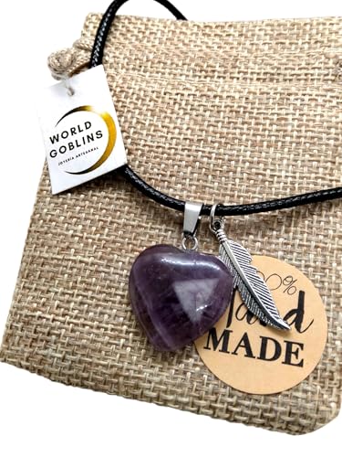Collar de Amatista Natural Piedra Natural Hecho a Mano. Colgante Corazón 2cm con Pluma Plata. Gargantilla Mujer Piedras Energéticas. Adaptable +Bolsa Yute Artesanal Regalo Original (Amatista)