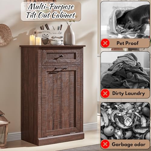 Image of IFBUY Tilt Out Laundry Hamper Cabinet, Trash Can Cabinet, Brown
