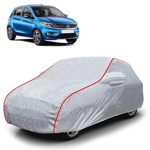 Image of Sulfar 100% Waterproof Car Body Cover Compatible with Mirror for Tata Tiago (Triple Stitched, Full Bottom Elastic, Magic Silver with Red Piping)