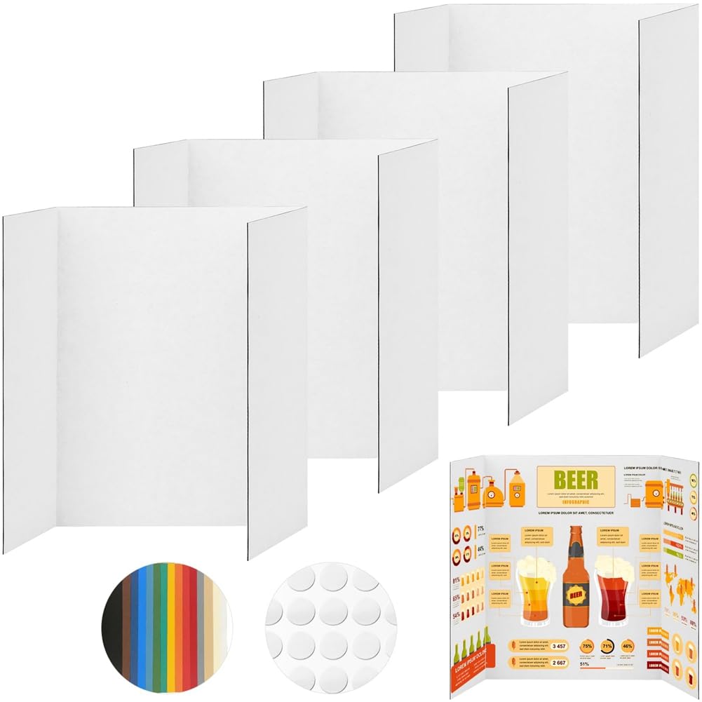 Lot de 4 panneaux d'affiches pliés à trois volets, blancs, livrés avec des accessoires adhésifs, tableaux de présentation en carton ondulé, faciles à utiliser S