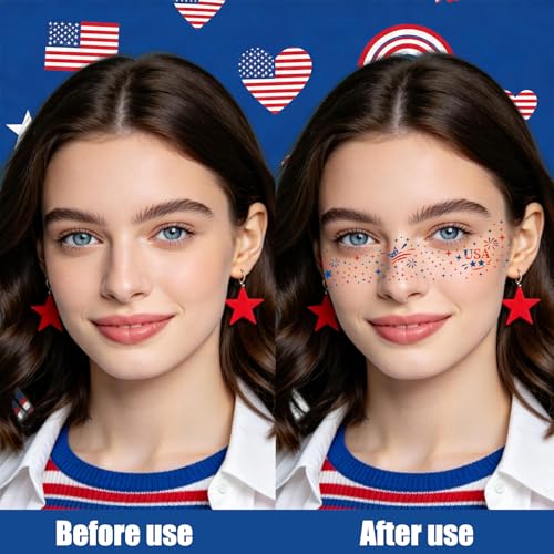 Image of 28PCS 4th of July Face Tattoos, Red White Blue Glitter Freckles Stars Stripes USA Flag Temporary Tattoos, Patriotic Face Stickers for Women Kids, Independence Day Party Makeup Accessories