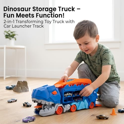 Image of WireScorts Dinosaur Planet Dino Transporter Truck Toy with Track - Push & Go Dinosaur Car Carrier with 2 Die-Cast Cars, Deformation into Race Track - Toddler Toy Gift for Boys Ages 3-6