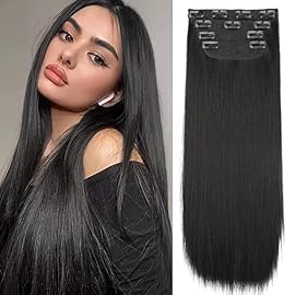 FnyPretty Straight Black Hair Extensions 20 Inches Long Hair Extensions Clip in Synthetic Hair Extensions no Tangle Silky