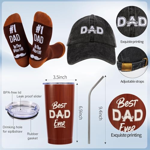 Image of Kolewo4ever 9-Piece Dad Gift Set: Brown Stainless Steel Tumbler, Socks, Cap, Keychain, Candle, Pen, Card, Opener; Modern Dad-Themed Gifts for Father, Husband, Grandfather