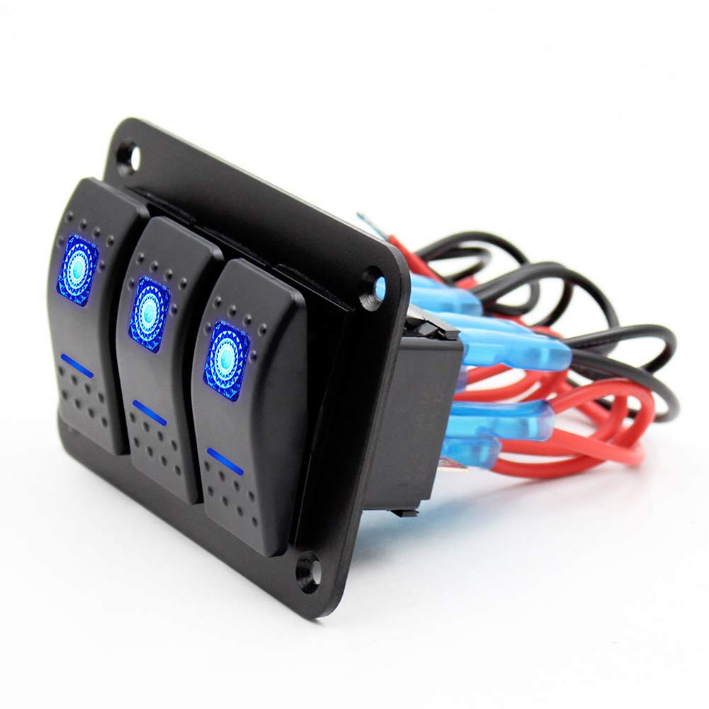Geloo Panel de Interruptores de 3Gang Universales de Aluminio de 12V Interruptor Basculante Precableado 5 pines Encendido/Apagado Azul LED Retroiluminados