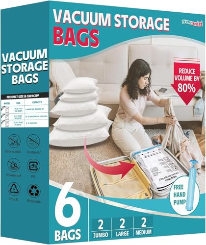 6 Pack Vacuum Storage Bags, Space Saver Compression Bags for Clothing, Comforters, Blankets, Vacuum Seal Bags with Hand Pump. (2×Jumbo, 2×Large, 2×Medium)