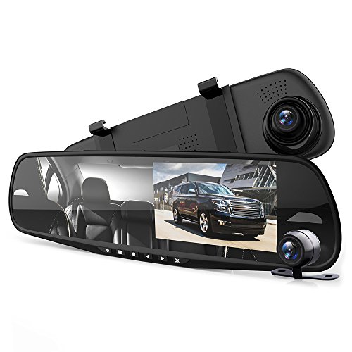 Pyle Dash Cam Rearview Mirror – 4.3” DVR Monitor Rear View Dual Camera Video Recording System in Full HD 1080p w/ Built in G-Sensor Motion Detect Parking Control Loop Record Support – PLCMDVR49