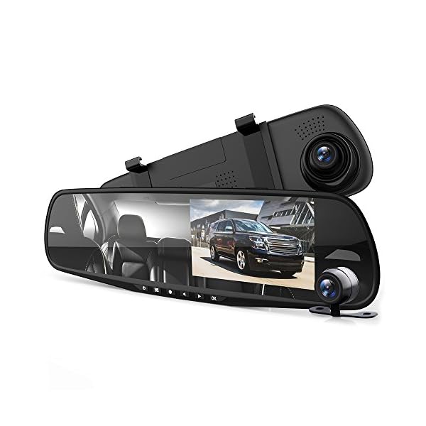Pyle Dash Cam Rearview Mirror – 4.3” DVR Monitor Rear View Dual Camera Video Recording System in Full HD 1080p w/ Built in G-Sensor Motion Detect Parking Control Loop Record Support – PLCMDVR49