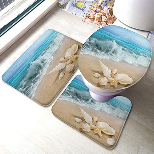 Badezimmerteppich-Set, 3-teilig, Meer, Strand, Welle, Ozean, Muschel, Blau, Beige, Landschaft, waschbare Badeteppiche, rutschfest, mit Rückenpolster, Konturteppich und Toilettendeckelbezug