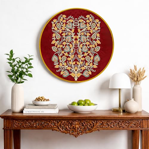 Image of Elegant Kalamkari Round Framed Wall Art Painting For Living Room | Traditional Madhubani Floral Wall Art Painting With Frame For Home, Bedroom & Office, 16 Inch