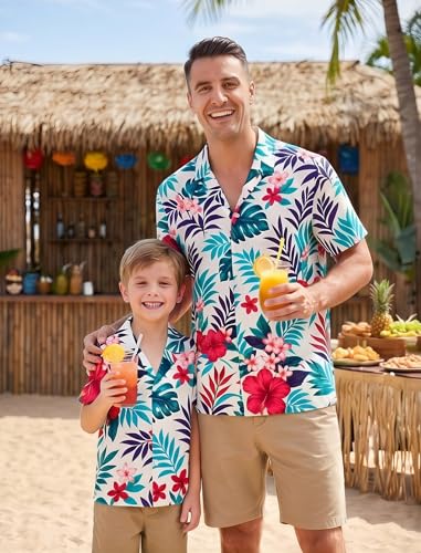 Image of AWIBMK Hawaiian Family Matching Outfits Mother Daughter Tropical Dresses Father Son Shirts for Beach Vacation Luau Party