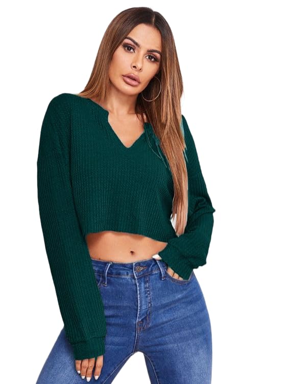 Image of Zilcon Women's Waffle Summer Tops Dressy Casual V Neck Long Sleeve Loose Crop Tunic Tops