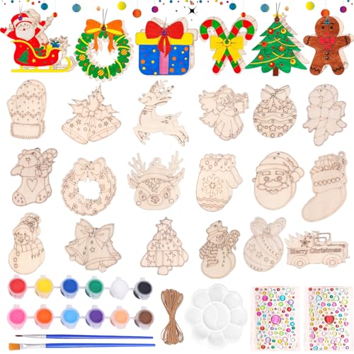 YeahBoom 52 Pezzi Artigianato Natalizio in Legno, Decorazione Fai Da Te, Pennello Colorato per Bambini, per Pittura e Decorazione