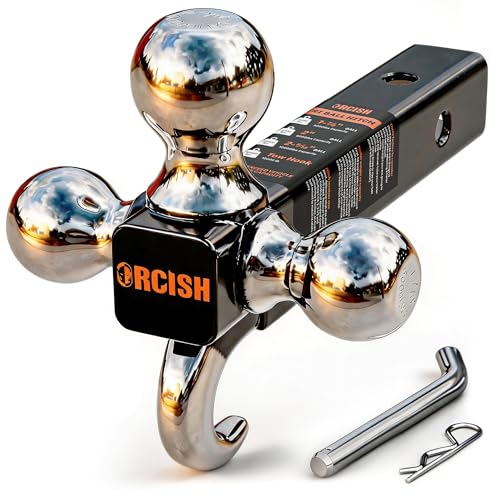 ORCISH Trailer Hitch Tri-Ball Mount with Tow Hook & Pin, Chrome Trailer Ball Sizes 1-7/8