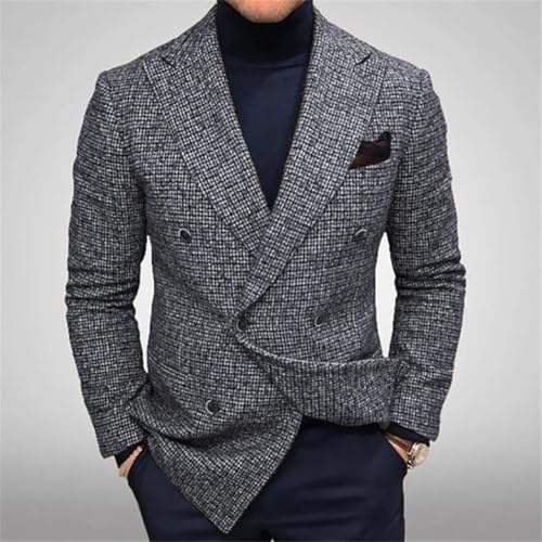 Men's Slim Fit Plaid Suit Jacket Long Sleeve Double-Breasted Business Casual Jacket2