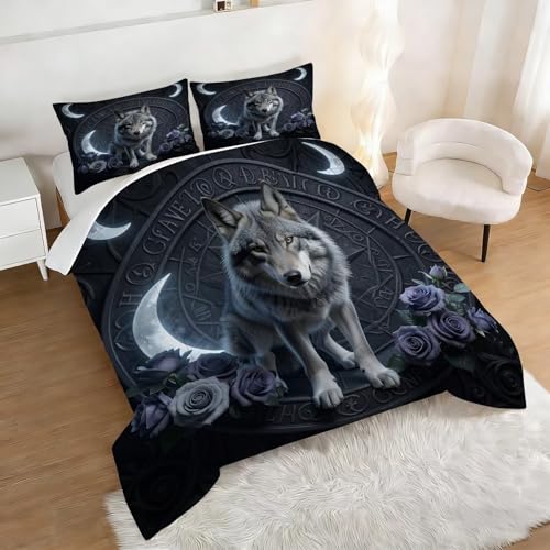 Image of Gothic Wolf Moon Comforter Set Queen Size Dark Fantasy Wolf Rose Bedding Sets for Kids Teens Boys Girls Bedroom Mystic Witchy Decor Quilt 1 Comforter 2 Pillowcases