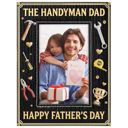 Image of FLYAB Fathers Day Picture Frame The Handyman Dad Picture Frame with Embossed Tools Design Holds 4x6 Photos Unique Fathers Day Gift for Dad Tabletop Display Decorations