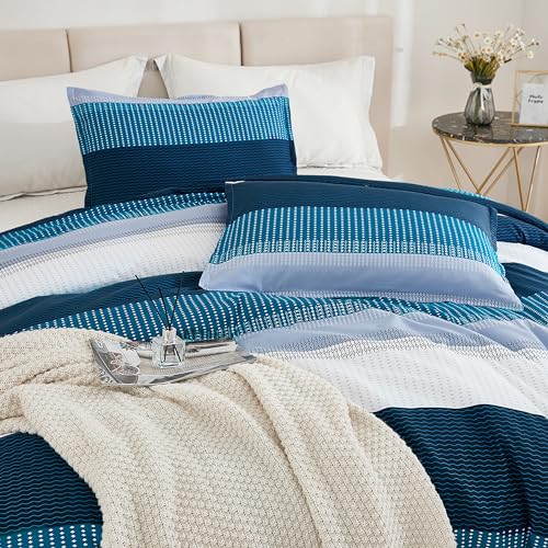 Litanika Oversized King Comforter Set Navy Blue - 3 Pieces Lightweight Blue White Colorblock Stripe Fluffy Bedding Comforter Sets, All Season Bed Set